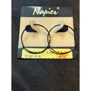 Vintage Napier CLIPLESS Black Hoop Earrings Gold Bead Accents 1980s 1990s